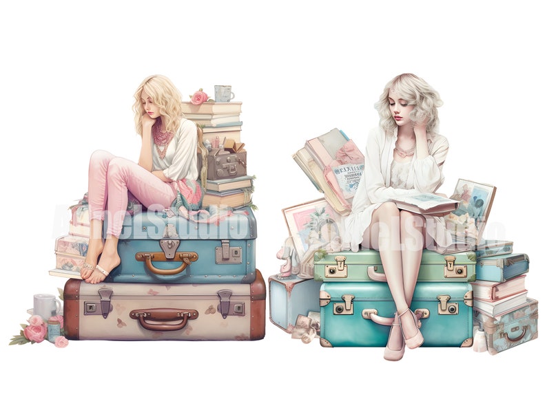 May include: Two women sit on top of vintage suitcases and stacks of books. One woman wears a pink shirt and pink pants, the other wears a white shirt and white skirt. Both women have long blonde hair.