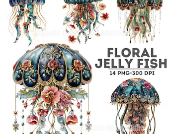 Imágenes prediseñadas de medusas florales, imágenes prediseñadas de vida marina de acuarela, imágenes prediseñadas de primavera floral, ilustración de medusas, arte de pared de medusas, pinturas de vida marina
