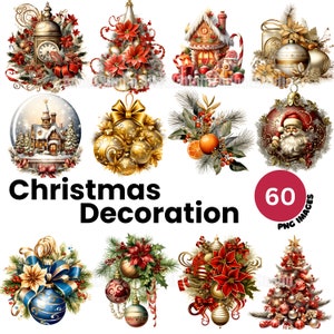 Paquete de imágenes prediseñadas de decoración navideña - Imágenes prediseñadas de adornos navideños de acuarela, imágenes prediseñadas de Navidad, kit de diario basura de Navidad, Scrapbooking