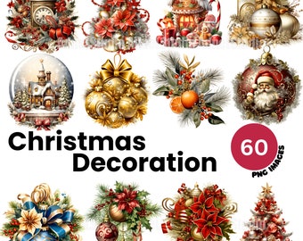 Christmas Decoration Clipart Bundle - Watercolor Christmas Ornaments Clipart, Christmas Clipart, Christmas Junk Journal Kit, Scrapbooking