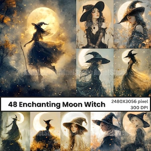 Enchanting Moon Witch Junk Journal, Magical Halloween Art, Witch Sublimation, Magical Witch Silhouettes against Moon, Fantasy Wall Art