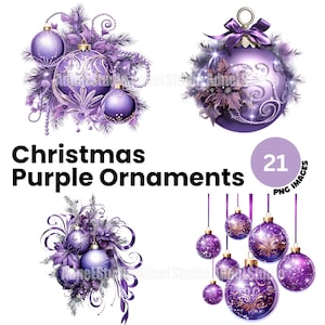 Paarse kerst ornamenten clipart, aquarel ornament clipart, kerst clipart, kerst decoratie clipart, kerst junk Journal