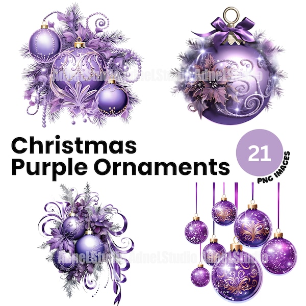 Purple Christmas Ornaments Clipart, Watercolor Ornament Clipart, Christmas Clipart, Christmas Decoration Clipart, Christmas Junk Journal
