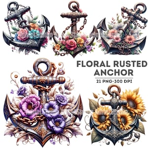 Könnte beinhalten: Ein Set mit 21 digitalen Bildern von floralen rostigen Ankern. Die Anker sind mit verschiedenen Blumen verziert, darunter Rosen, Sonnenblumen und andere Blüten. Die Anker sind rostig und haben einen Vintage-Look. Die Bilder sind 300 DPI.