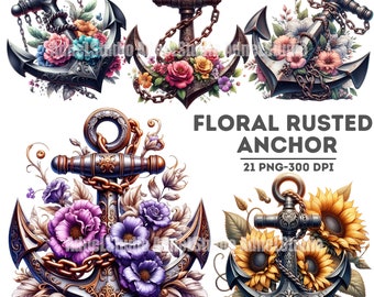 Watercolor Floral Anchor Clipart, Classic Nautical Clipart, Rusted Anchor PNG, Nautical Wall Decor, Nautical Junk Journal, Marine Clipart