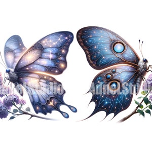 May include: Two blue and silver butterflies with intricate patterns and glowing lights on their wings, perched on a branch of purple lilac flowers.