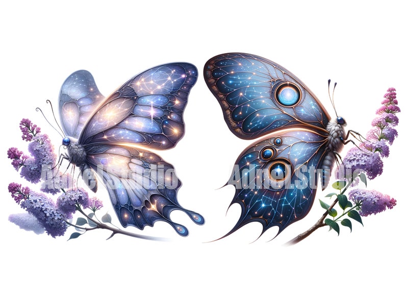May include: Two blue and silver butterflies with intricate patterns and glowing lights on their wings, perched on a branch of purple lilac flowers.