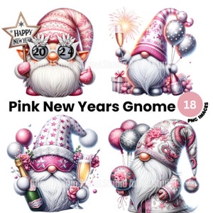 Rose Nouvel An Gnome Clipart, 2024 Nouvel An Gnome PNG, Bonne Année Clipart, Modèle de carte du Nouvel An, Nouvel An Clipart, Décoration du Nouvel An