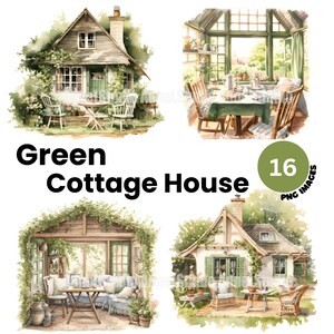 Watercolor Cottage House Clipart - Cottagecore Clipart, Cottage Life PNG, Green Cottage House PNG, Cozy Country House Clipart, Junk Journals