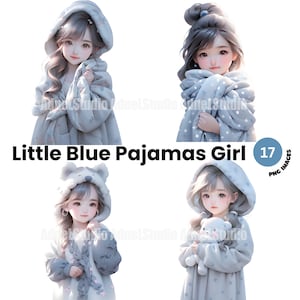 Aquarell blau Pyjamas Mädchen Clipart, blaues kleines Mädchen Clipart, Kawaii Mädchen Clipart, Anime Mädchen Clipart, Anime Mädchen Aufkleber, Kinderzimmer Clipart