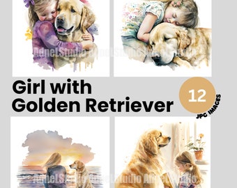 Watercolor Golden Retriever with a Girl Clipart - 12 High Quality JPG Clipart, Girl and Dog Clipart Digital Download, Digital Paper Craft