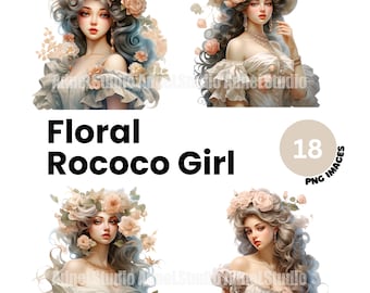 Floral Rococo Girl Clipart - Watercolor Rococo Women Clipart,  Rococo Marie Antoinette Junk Journal, Rococo Dress Junk Journal, Scrapbooking