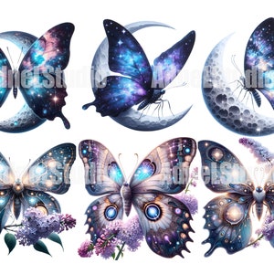 May include: Six digital illustrations of butterflies with galaxy-like patterns. Three butterflies are perched on crescent moons, and three butterflies are perched on lilac blossoms.