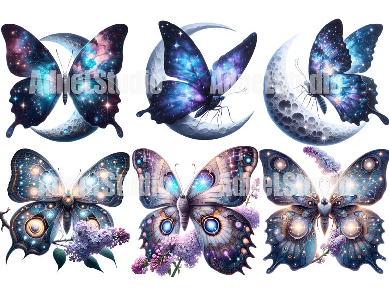 May include: Six digital illustrations of butterflies with galaxy-like patterns. Three butterflies are perched on crescent moons, and three butterflies are perched on lilac blossoms.