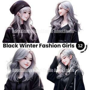Black Winter Fashion Girl Clipart - Winter Fashion Dress Girl, Fashion Girl Papercraft, Dress Fashion Girl Scrapbooking, Anime Girl Stickers