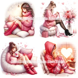 21 acogedoras impresiones artísticas digitales de chicas para el Día de San Valentín, arte digital con estética rosa romántica, estética rosa romántica, chicas acogedoras en el arte romántico