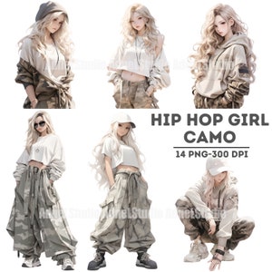Camo Hip Hop Girl Clipart, Camo Fashion Dress Women Clipart, Anime Girl Sticker, Urban Fashion Girl Papercraft, Hip Hop Fashion Clipart