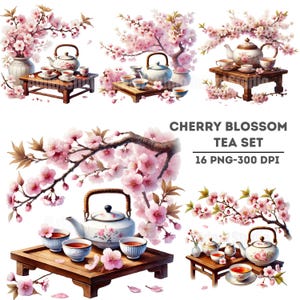 Conjunto de chá de flor de cerejeira em aquarela, clipart de chá japonês, gráficos PNG florais, decoração de festa do chá asiática, scrapbooking digital, arte para impressão