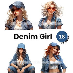 Denim Girl Clipart - Acuarela Denim Fashion Girl Clipart, Denim Women Fashion Clipart, Arte de papel, Diario basura de mujeres, Scrapbooking