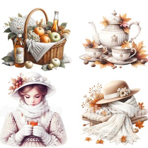 May include: A collection of four autumn-themed illustrations. The first image shows a wicker basket filled with apples and a bottle of cider. The second image shows a teapot and two teacups with fall leaves. The third image shows a woman wearing a white hat and scarf, holding a cup of tea. The fourth image shows a brown hat with a white scarf and fall leaves.