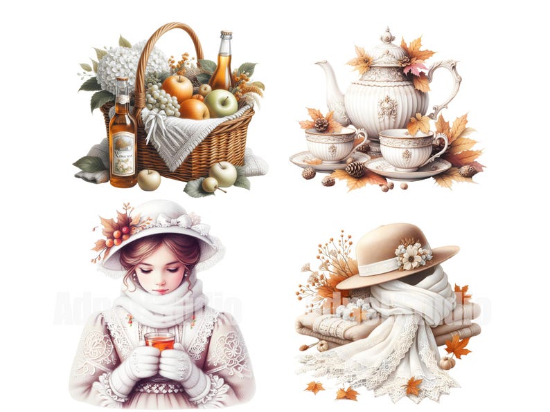 May include: A collection of four autumn-themed illustrations. The first image shows a wicker basket filled with apples and a bottle of cider. The second image shows a teapot and two teacups with fall leaves. The third image shows a woman wearing a white hat and scarf, holding a cup of tea. The fourth image shows a brown hat with a white scarf and fall leaves.