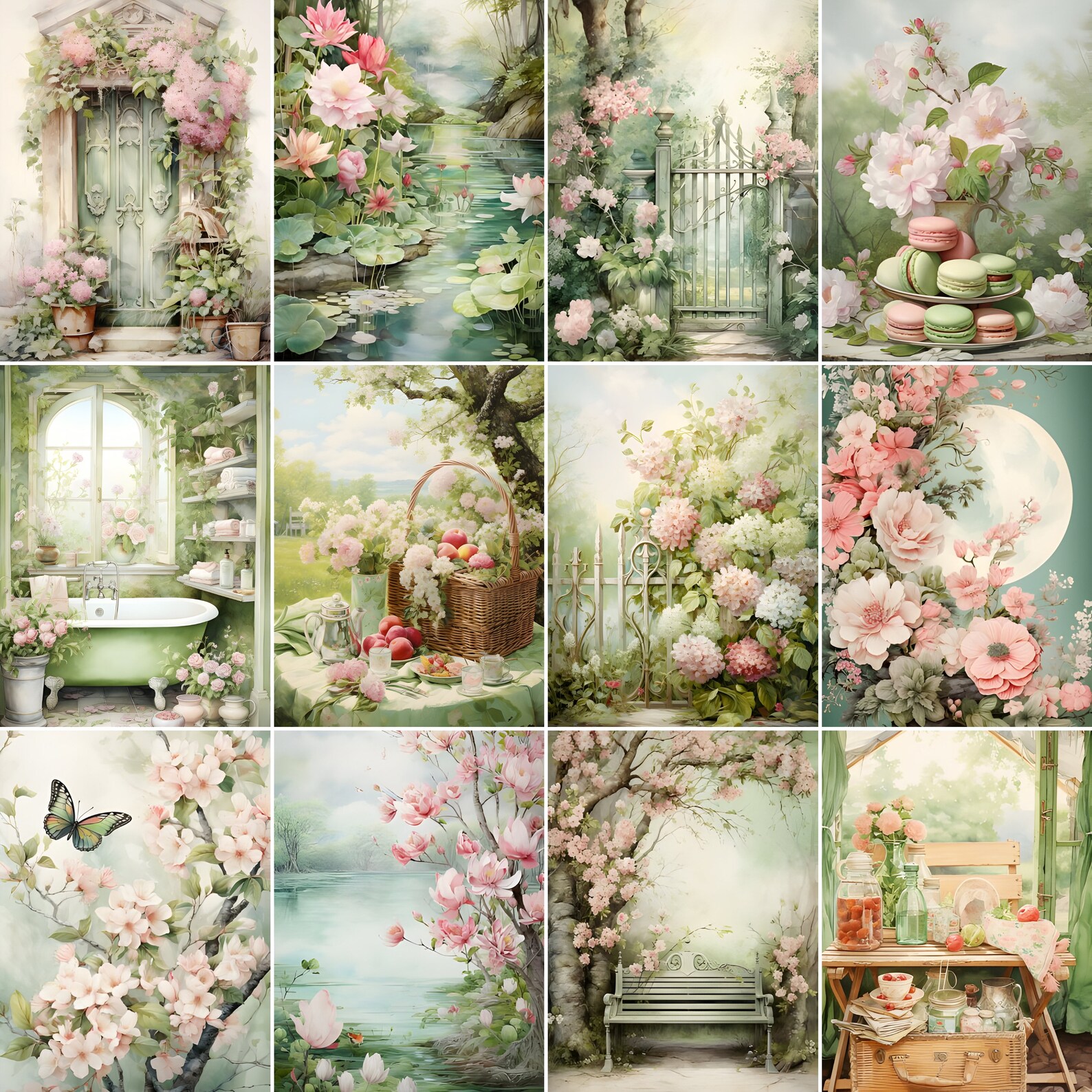 Cozy Green and Pink Cottage Junk Journal Pages - Vintage Scenery ...