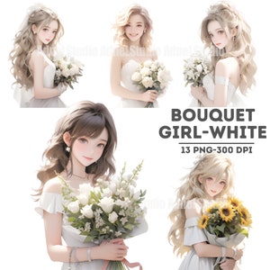 Summer Bouquet Flower Girl Clipart, White Dress Women Clipart, Anime Girl Stickers, Urban Fashion Girl Papercraft, Cozy Dress Girl Clipart
