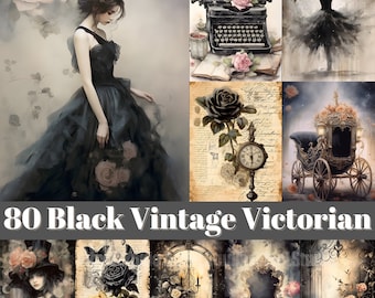 May include: A collection of 80 Black Vintage Victorian images. The images include a woman in a black gown, a vintage typewriter with roses, a ballerina, a black rose, a carriage, and other gothic-themed illustrations.
