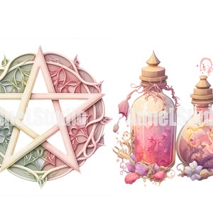 May include: A five-pointed star with a green and pink floral design, surrounded by a circle of vines. Two glass bottles with pink and purple liquid, surrounded by flowers and vines.