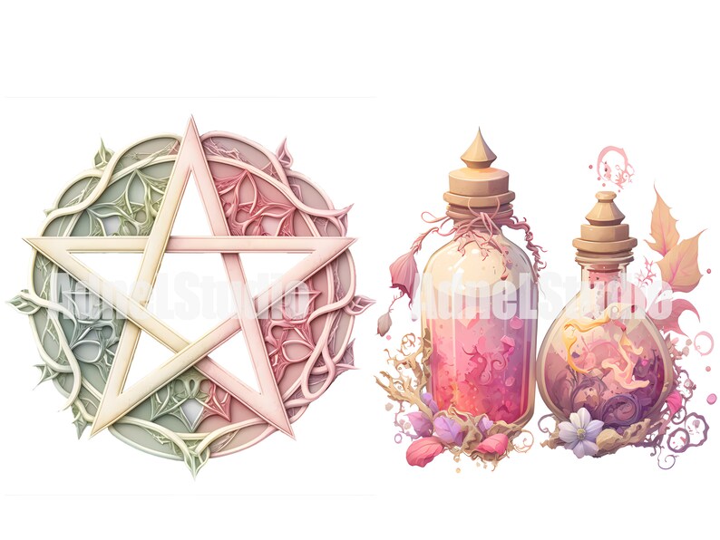 May include: A five-pointed star with a green and pink floral design, surrounded by a circle of vines. Two glass bottles with pink and purple liquid, surrounded by flowers and vines.