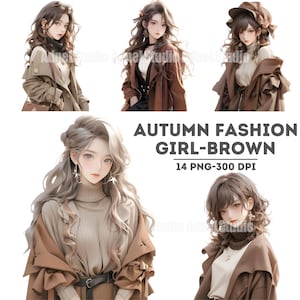 Autumn Fashion Girl Clipart, Fall Girl Sticker, Anime Girl Sticker, Autumn Girl Papercraft, Cozy Autumn Girl Clipart, Transparent PNG