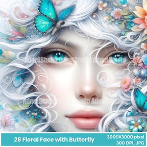 Aquarell Schmetterling Blumengesicht Kunst, Digitale Porträt-Illustration, Fantasy Kunst Clipart, Natur-inspirierte druckbare, feminine Wandkunst