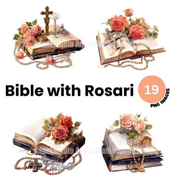 Watercolor Bible Clipart - Watercolor Rosari Clipart, Religion Clipart, Bible with Rose Crafting Digital Paper, Catholic Junk Journal