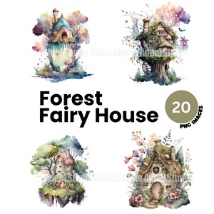 Clipart della casa delle fate della foresta dell'acquerello, clipart delle fiabe, download di illustrazioni digitali, creazione di carta digitale della casa delle fate, licenza commerciale
