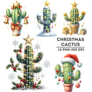 Imágenes prediseñadas de cactus navideños, cactus festivo PNG, adorno festivo de cactus, suministros para manualidades navideñas, decoración navideña, álbum de recortes navideño