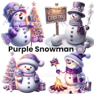 Lila Weihnachten Schneemann Clipart - Festliche Lila Schneemann Clipart, Lila Weihnachtscliparts, Weihnachten Junk Journal, Weihnachtsillustration
