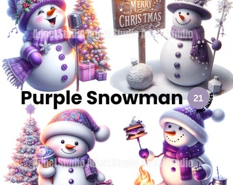 Purple Christmas Snowman Clipart - Festive Purple Snowman Clipart, Purple Christmas Clipart, Christmas Junk Journal, Christmas illustration