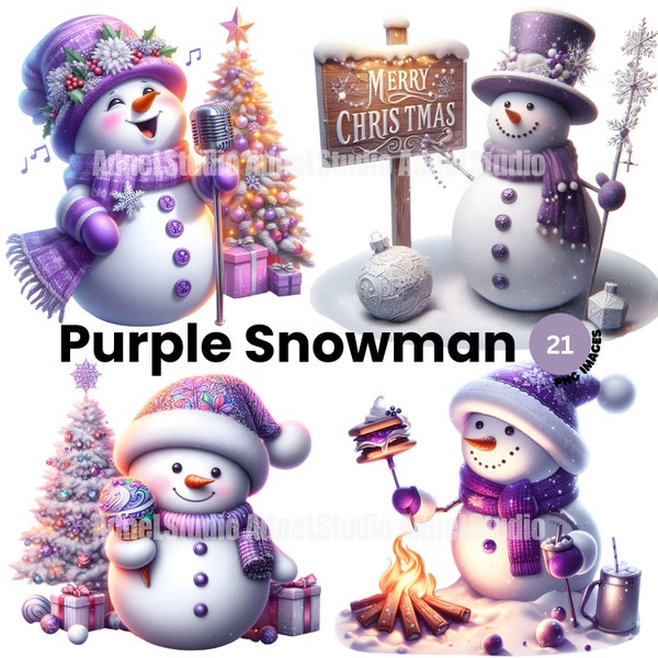 Purple Christmas Snowman Clipart - Festive Purple Snowman Clipart, Purple Christmas Clipart, Christmas Junk Journal, Christmas illustration