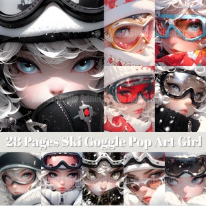 May include: A collage of 28 pages featuring illustrations of women wearing various styles of ski goggles. The women have white hair and are wearing winter clothing. The text "28 Pages Ski Goggle Pop Art Girl" is at the bottom of the collage.