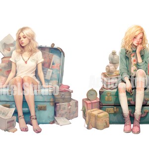 May include: Two young women are sitting on vintage suitcases. One woman is wearing a white shirt and sitting on a blue suitcase with a floral pattern. The other woman is wearing a green jacket and sitting on a green suitcase with a brown leather strap. Both women have blonde hair.