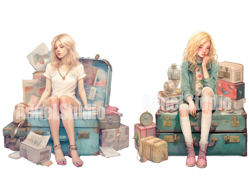 May include: Two young women are sitting on vintage suitcases. One woman is wearing a white shirt and sitting on a blue suitcase with a floral pattern. The other woman is wearing a green jacket and sitting on a green suitcase with a brown leather strap. Both women have blonde hair.