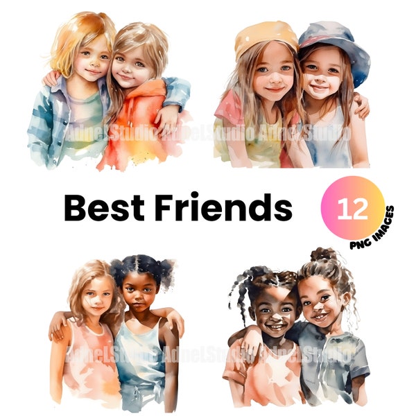 Watercolor Best Friends PNG - 12 Watercolor Kids Girl BFF, Best Friend Little Girl PNG, Kids Junk Journal, Friendship Clipart, Scrapbooking