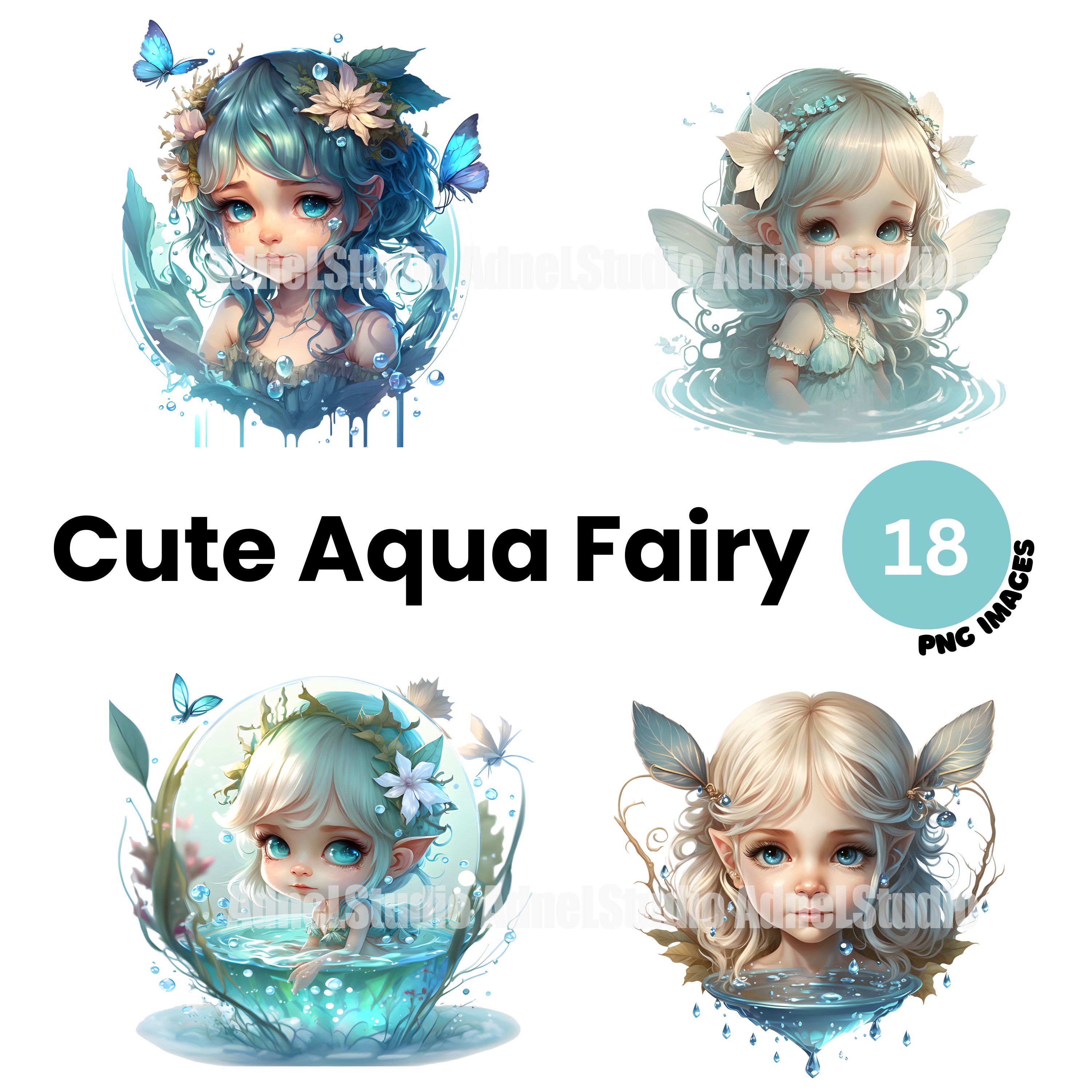 Cute Water Fairy Clipart 12 High Quality PNG Files, Digital Illustrations  Download, Cute Mermaid Fairy Digital Paper Craft 