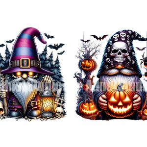 May include: Two Halloween gnomes, one wearing a purple and black hat with a skull and crossbones design, the other wearing a black hat with a skull and crossbones design. Both gnomes are holding jack-o'-lanterns.