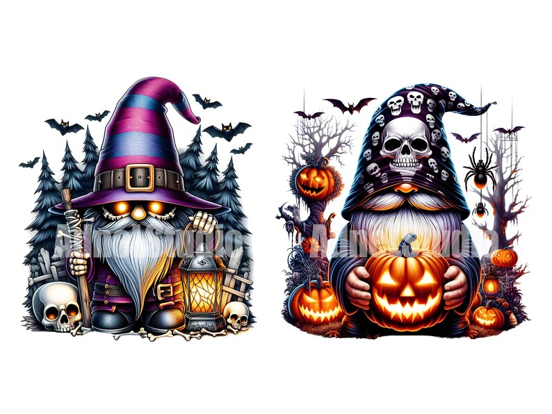 May include: Two Halloween gnomes, one wearing a purple and black hat with a skull and crossbones design, the other wearing a black hat with a skull and crossbones design. Both gnomes are holding jack-o'-lanterns.