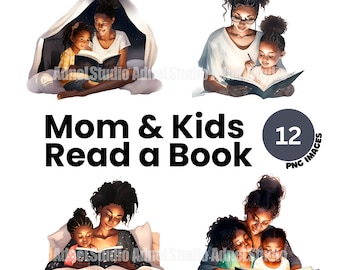 Aquarel zwarte moeder en kinderen clipart - aquarel boekenwurm clipart, moeder en dochter clipart, boek minnaar meisje clipart, Moederdag clipart