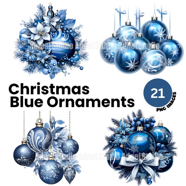 Blue Christmas Ornaments Clipart, Watercolor Christmas Ornament PNG, Christmas Clipart, Christmas Decoration Clipart, Christmas Junk Journal