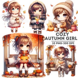 Gezellige herfst meisje clipart, kawaii herfst meisje graphics, seizoensgebonden digitale kunst, schattige herfst digitale download voor crafting, herfstsublimatie