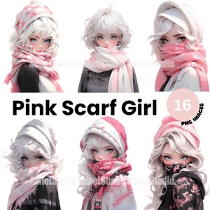 冬のファッションガールのクリップアート - 冬のスカーフの女性クリップアート、ピンクのファッションガールのペーパークラフト、冬のファッションガールのスクラップブッキング、アニメガールのステッカー
