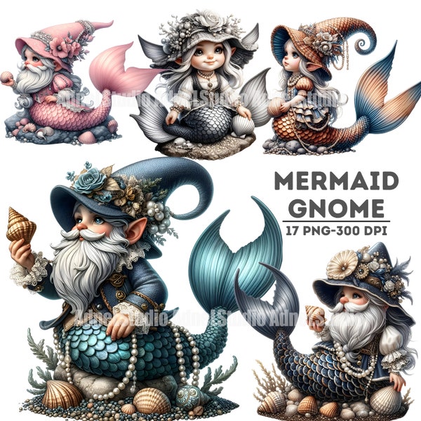Watercolor Mermaid Gnome Clipart, Watercolor Mermaid Clipart, Watercolor Nautical Clipart, Nautical Wall Art, Nautical Junk Journal